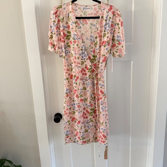 Reformation Dresses & Skirts - NWT S Reformation Laurent Wrap Mini Dress Esmee Floral Pink Blue Short Sleeve